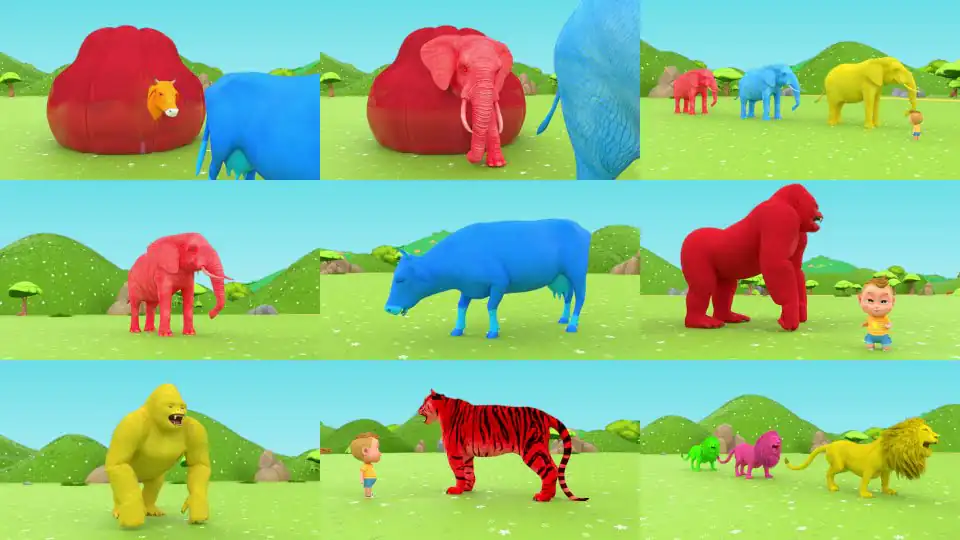 Learn Colors With Animals Cow, Tiger, Lion, Gorilla, Elephant, Shark Crossing Animal Animation