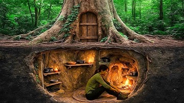 Building a Hidden Forest Shelter Inside a Giant Tree | 100 Days Build a Treehouse