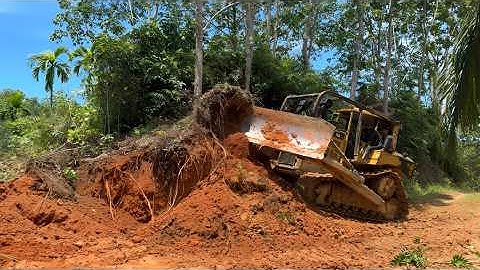 Amazing Skills Bulldozer Operator Cutting a Hill for Forest Road Construction