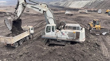 Liebherr 984 Excavator Loading Overburden On 4 Axle Trucks - Labrianidis Mining Works - 4k
