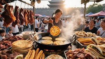 中国西安早市 十三朝古都的烟火热闹地，特色美食扎堆：历史悠久的石头馍 5毛钱的水煎包 肉夹馍 大饼 菜盒 胡辣汤