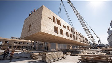 Traditional wooden homes rise from raw pine. Sustainable wood processing & construction technology.