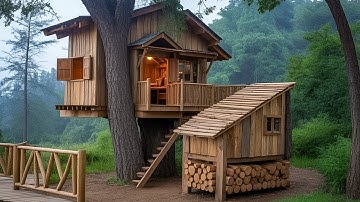 Building a Cozy Wooden Tree Cabin from Scratch | Step by Step Forest Project 🪚🏡