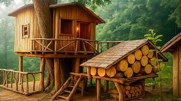 Building a Cozy Wooden Tree Cabin from Scratch | Step by Step Forest Project 🪚🏡