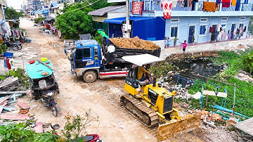 First Start a New Landfill Project !! Remove Flooded Area By Skill Driver Dozer And Dump Truck 5t