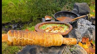 Ribeye Steak Stew Over Campfire | Primitive Open-Fire Cooking ASMR