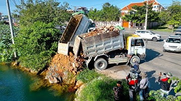 First Start a Huge Landfill Project! Using Dozer D31P Pushing Soil with Dump Truck Delete Deep Pond