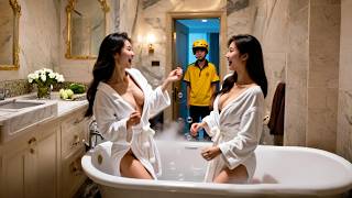 Poor delivery guy walks into two CEO beauties’ bathroom—she falls for him, hires him as her bodyguar