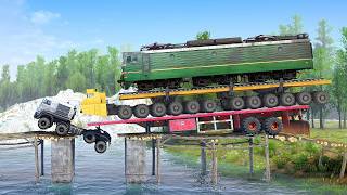 Locomotive Transfer Truck Crosses BROKEN Bridge in CRAZY Moment
