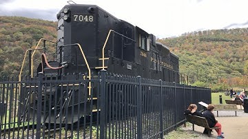 Pusher Locos On Horseshoe Curve Pa., Coal Train 6 Locomotives Easing Down Hill, Inclined RR Test Run