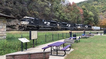Pusher Locos On Horseshoe Curve Pa., Coal Train 6 Locomotives Easing Down Hill, Inclined RR Test Run