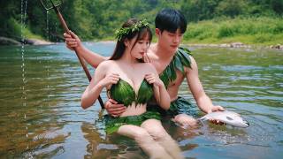 Poor guy & female CEO, stranded on an island for 100 days. They wore only 3 leaves!