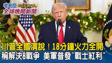 川普發表全國演說！18分鐘火力全開！稱解決8場戰爭　宣布美軍普發「戰士紅利」｜《國安法》修法政院拍板！鼓吹武統重罰百萬！軍人降敵關10年｜2025/12/18 中央社全球晚間新聞