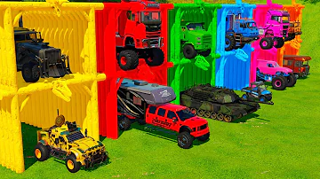 TRANSPORTING OFF-ROAD VEHICLES, CAMPER TRUCKS, POLICE CAR & MONSTER TRUCK WITH BIG HEAVY TRUCKS!