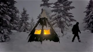 Hot Tent Camping in a Snowstorm | Solo Winter Camp in Heavy Snow