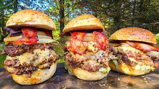 Download lagu Cowboy BEEF Burgers with Cheese & Bacon | Wild Campfire Cooking ASMR