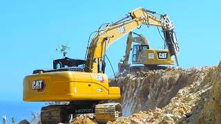 CAT 320 Excavator Crawling Hill Cliff Excavating New Winding Limestone Road Construction