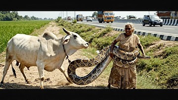 rescue animal:Indian Cow Saves Old Woman From Giant Python Attack - Rescue Team Uses Chemical Foam