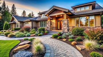 Thoughtfully Landscaped Front Yard Featuring Ornamental Grasses and Stone Pillars