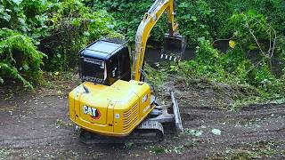 CAT Mini Excavator Clearing Trees On The Backyard