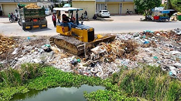 First Start Huge Size Project! Landfill Delete Flooded Garbage Pond Using Dozer D31P & 5Ton Trucks