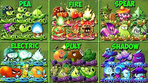 Pvz 2 - 6 Team Plants PEA x FIRE x PULT x ELECTRIC x SPEAR x SHADOW Battlez - Who Will Win? 