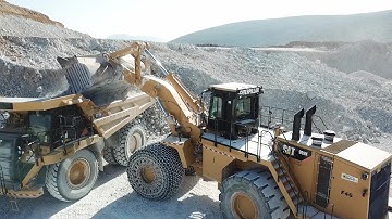 Caterpillar 992K Wheel Loader Loading Caterpillar 777F Dumpers - Interkat SA - Drone View