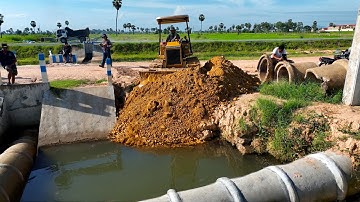 First Start a New Landfill Project!! Filling Sever Drain by Skill Dozer & Dump Truck Pushing Stone