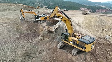 Liebherr 945, Cat 385C Excavators & Cat D9T Dozer Working Team - Sotiriadis/Labrianidis - Drone 4k