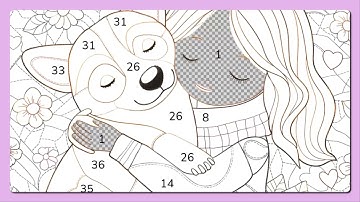 Happy Color by Number app Patchwork Fantasy Collection Girl and Her Puppu Quilt #coloringbook